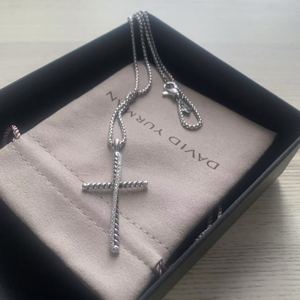 David Yurman Cross Pendant Necklace, 925 Silver with Diamonds